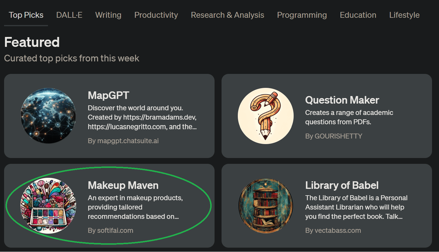 Screenshot showing Makeup Maven highlighted in OpenAI's Featured GPTs section
